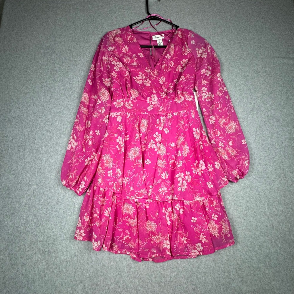 Japna Pink Floral Long Sleeve Tiered Ruffle Mini Dress 31263D Small NEW